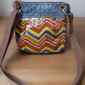 Vintage FOSSIL Key Per Crossbody Bag Purse Zig Zag Chevron Coated Canvas 90s